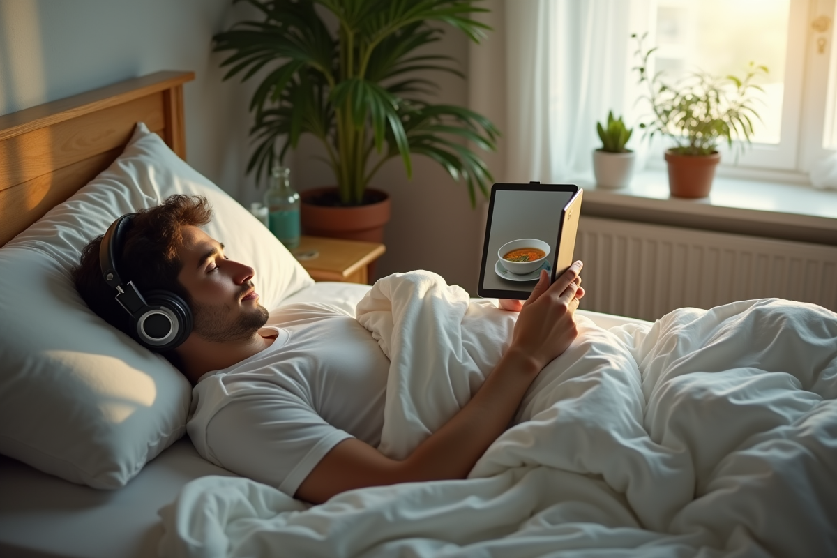 Adulte allongé dans le lit regardant une tablette