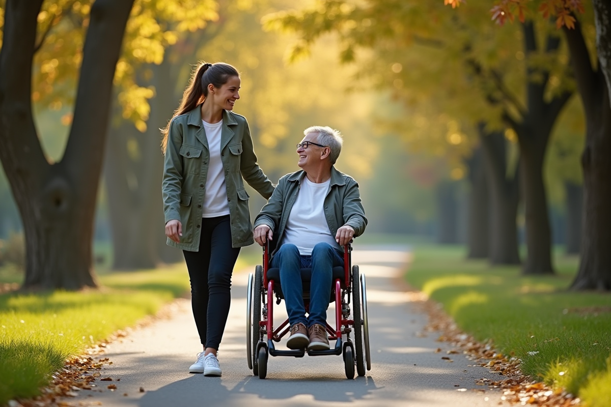 Professionnelle aidant une personne en fauteuil dans un parc