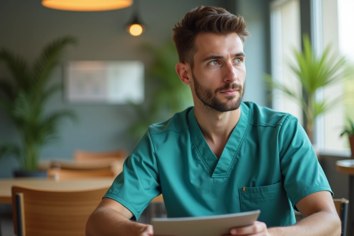 Aide-soignant jeune homme en tenue médicale dans un espace de repos