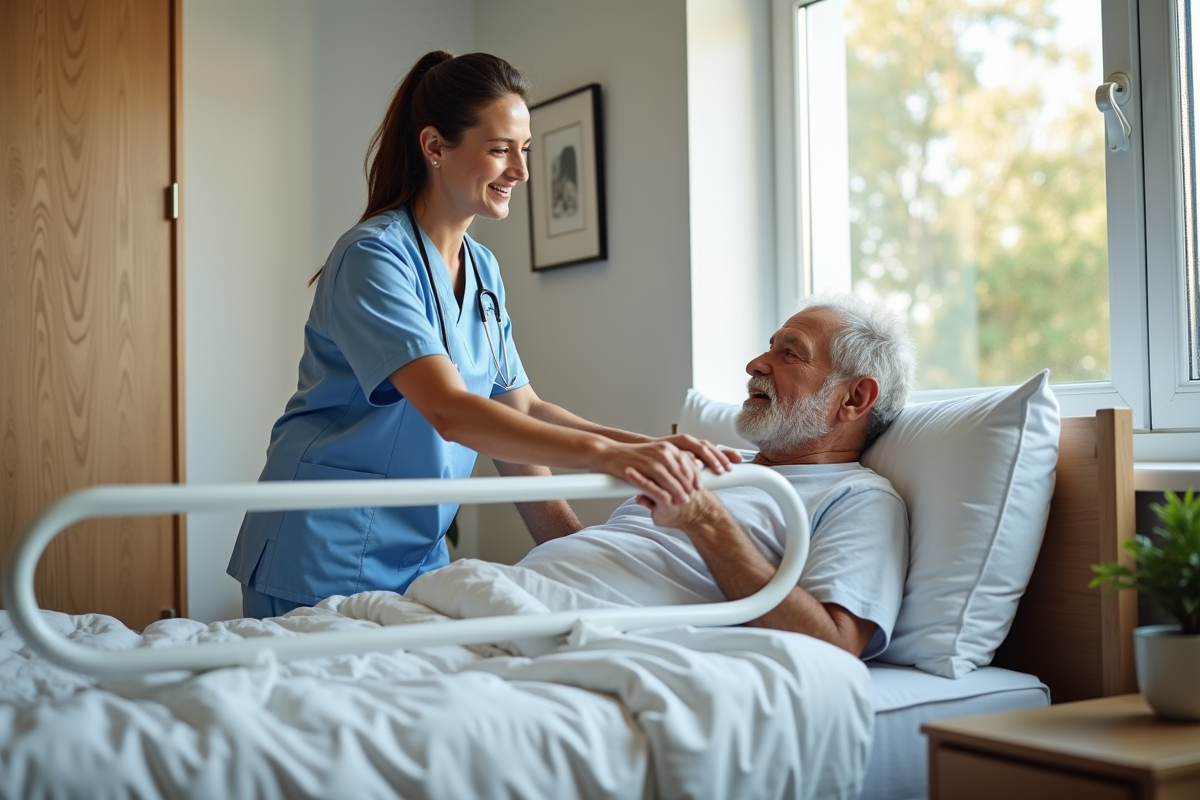 Aide soignant ajustant une barrière de lit pour un senior