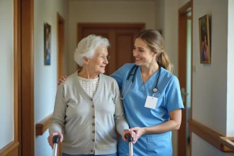 Jeune aide-soignante aidant une personne âgée dans un EHPAD
