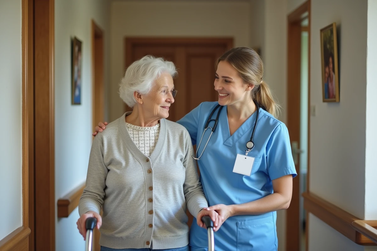 Jeune aide-soignante aidant une personne âgée dans un EHPAD