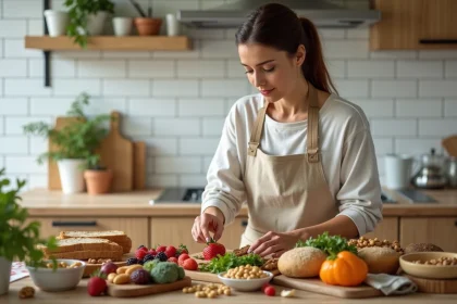 Femme préparant un repas à index glycémique bas avec des aliments comme les légumineuses, les céréales complètes et les fruits frais dans une cuisine moderne