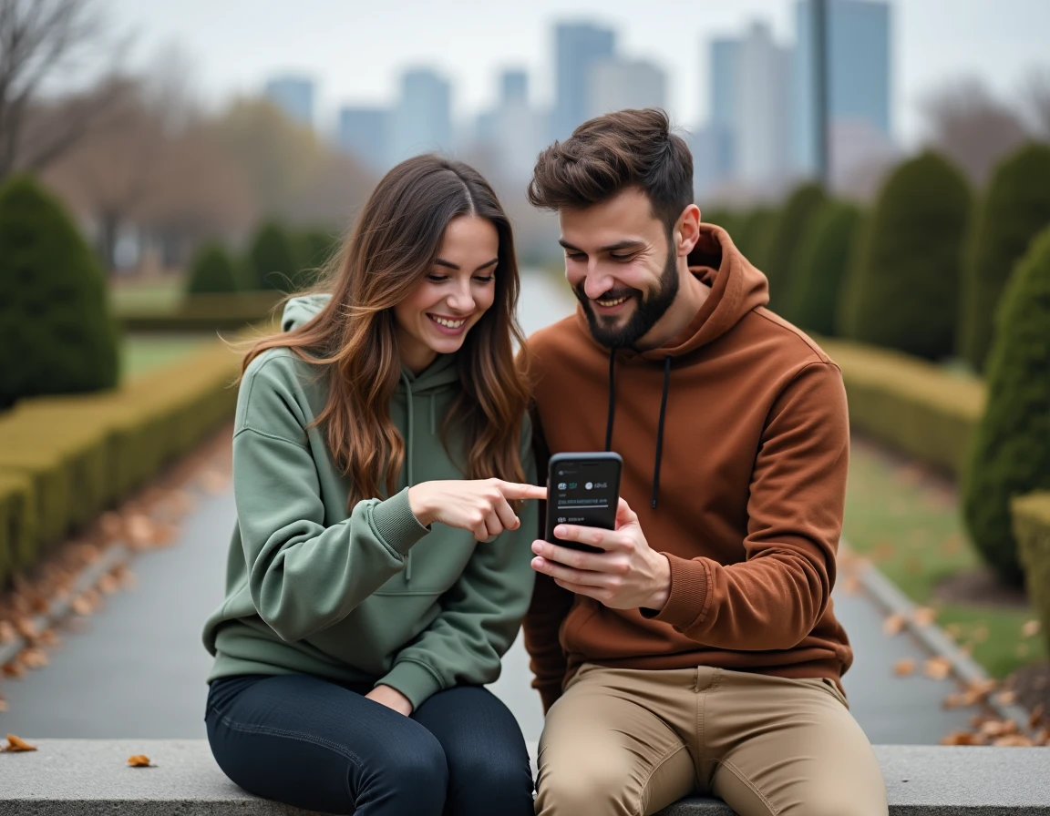 Deux amis assis sur un muret en ville consultant une application mobile de comptage de pas pour convertir une distance en kilom&egrave;tres et calculer leur temps de marche