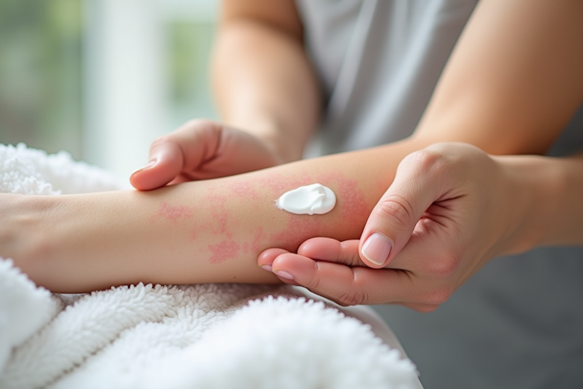 Personne appliquant creme sur eczema rouge sur le bras