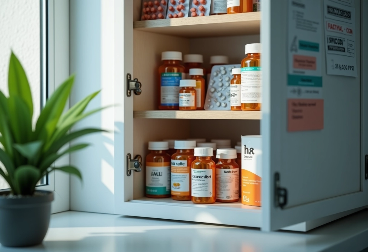 Armoire à pharmacie ouverte avec médicaments et plante verte