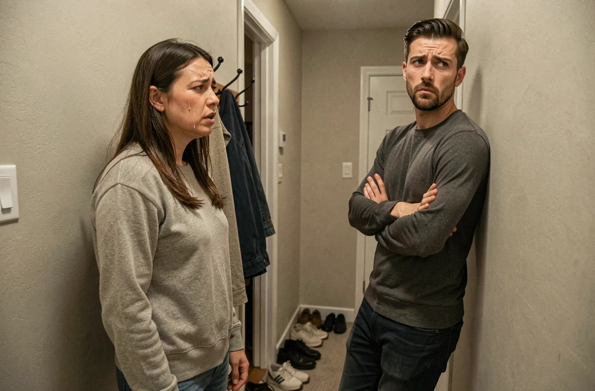 Un homme à l'expression incrédule face à une femme en pleurs dans un couloir, illustrant l'accusation de jouer la comédie