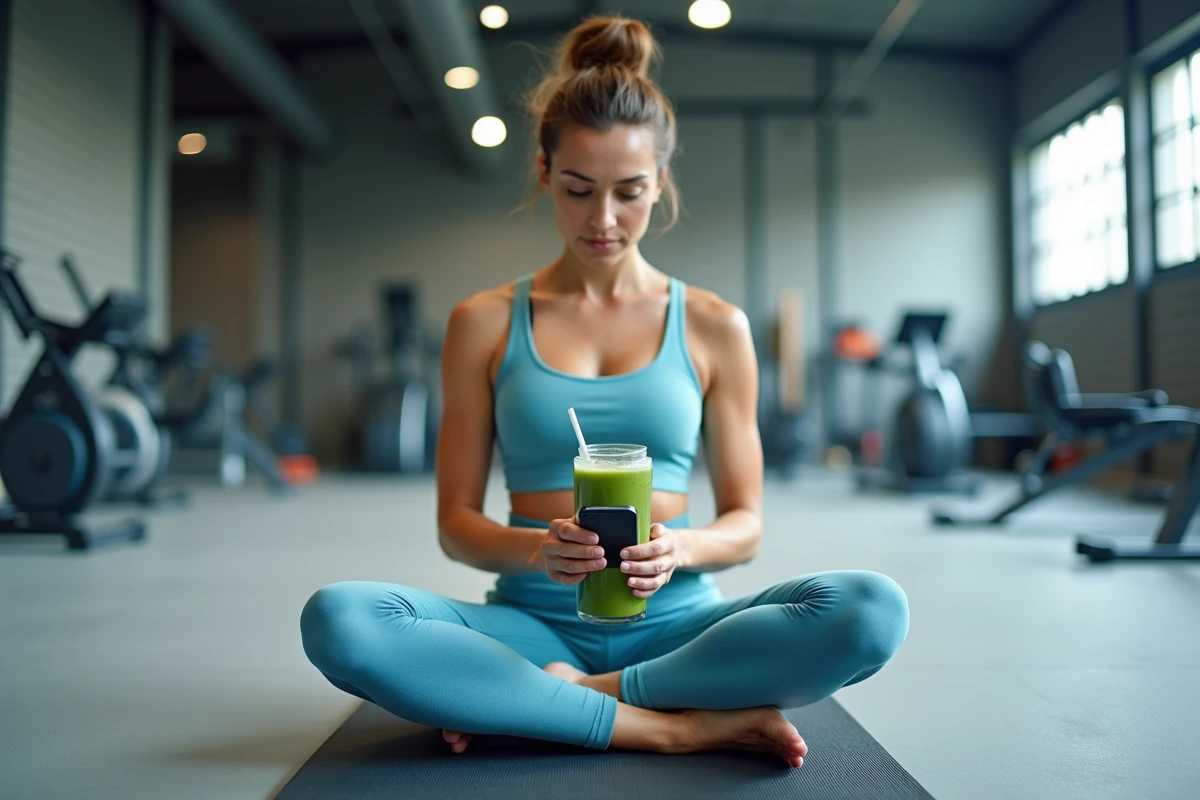 Athlète féminine en récupération avec smoothie vert et application de suivi sportif dans une salle de sport