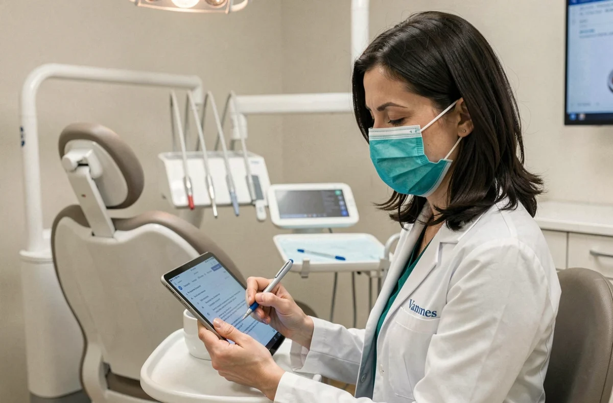 Orthodontiste femme consultant un dossier patient sur tablette dans son cabinet à Vannes