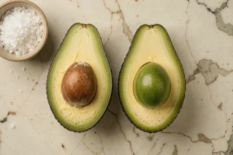 Comparaison entre un avocat Hass et un avocat de supermarché coupés en deux sur un plan de travail en marbre, révélant leur chair et leur noyau