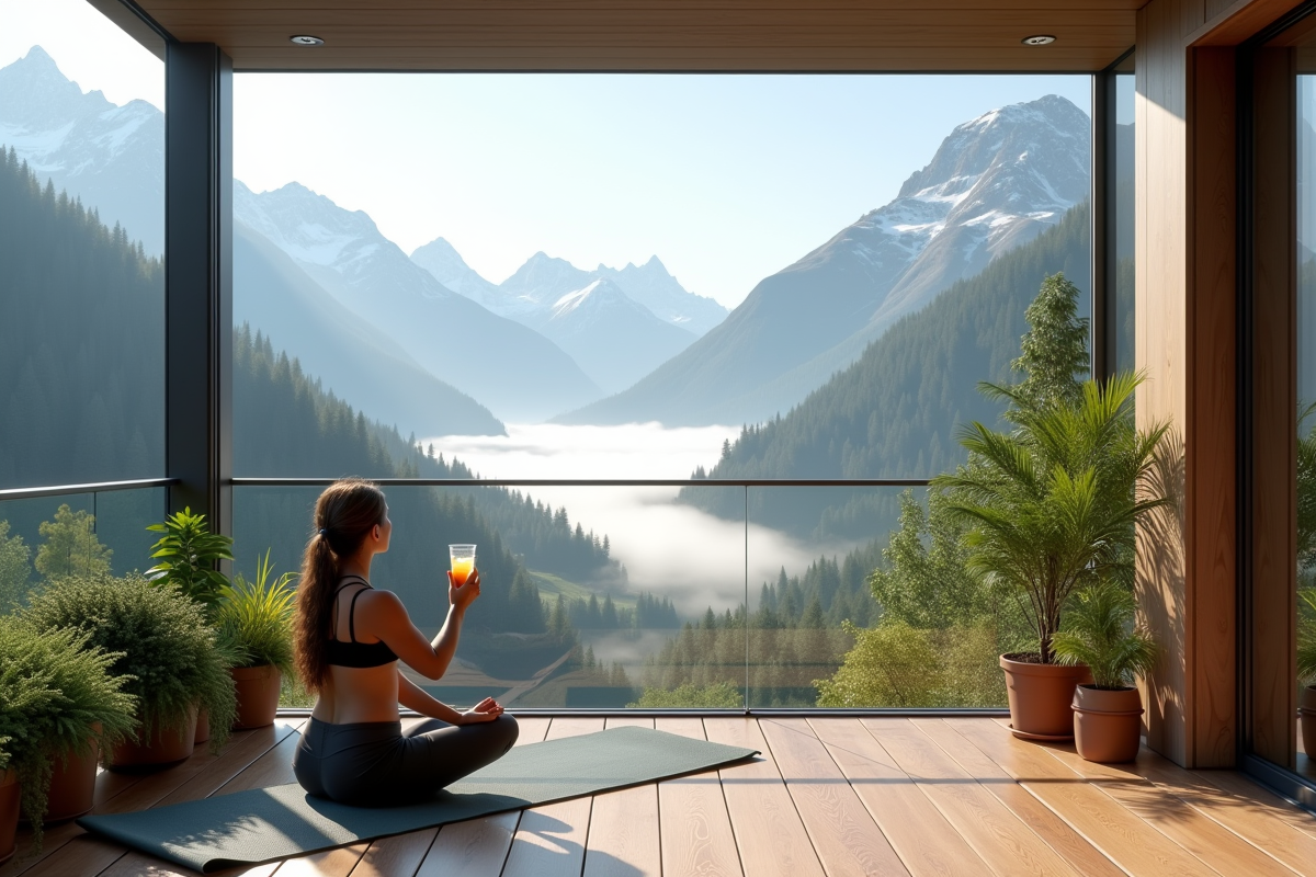 Balcon moderne avec plantes et smoothie face aux montagnes