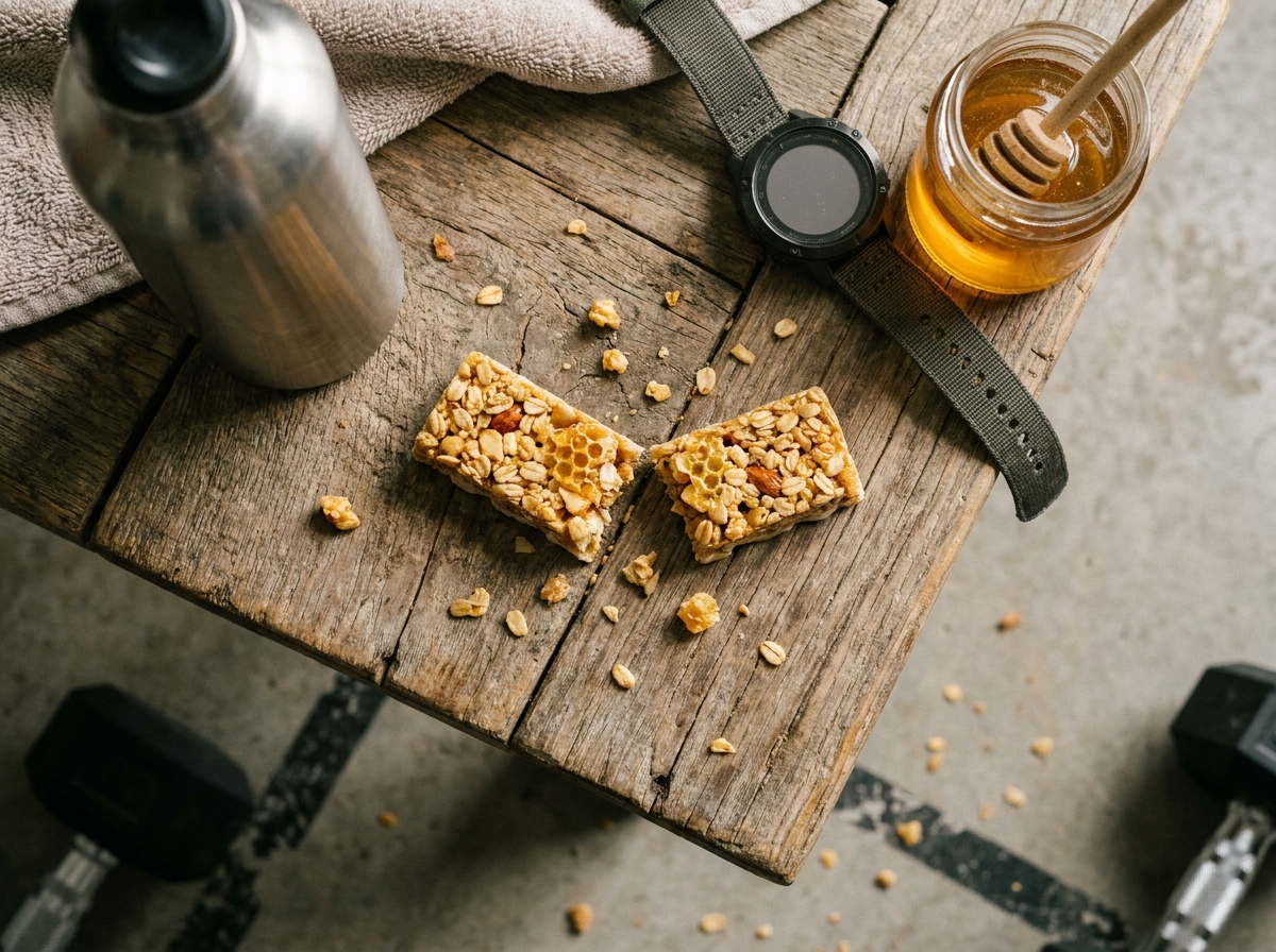 Barre au miel coupée en deux posée sur un banc de gym avec une gourde et un pot de miel brut en flat-lay