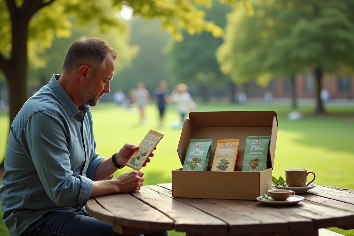 Bo&icirc;te de tisanes sur une table en plein air dans un parc urbain