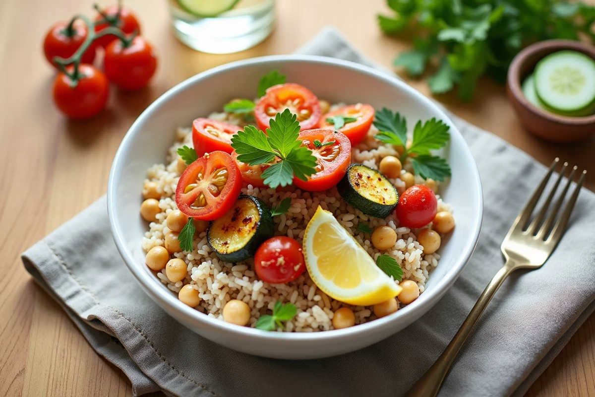 Bol de riz complet garni de légumes rôtis et de pois chiches pour un repas rééquilibré et nutritif