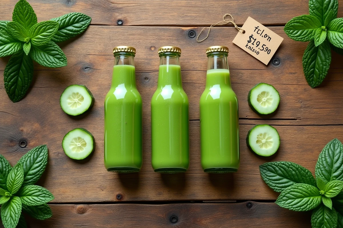 Vue de dessus de plusieurs bouteilles de boisson Bonjour alignées sur une table en bois avec étiquette de prix et herbes fraîches