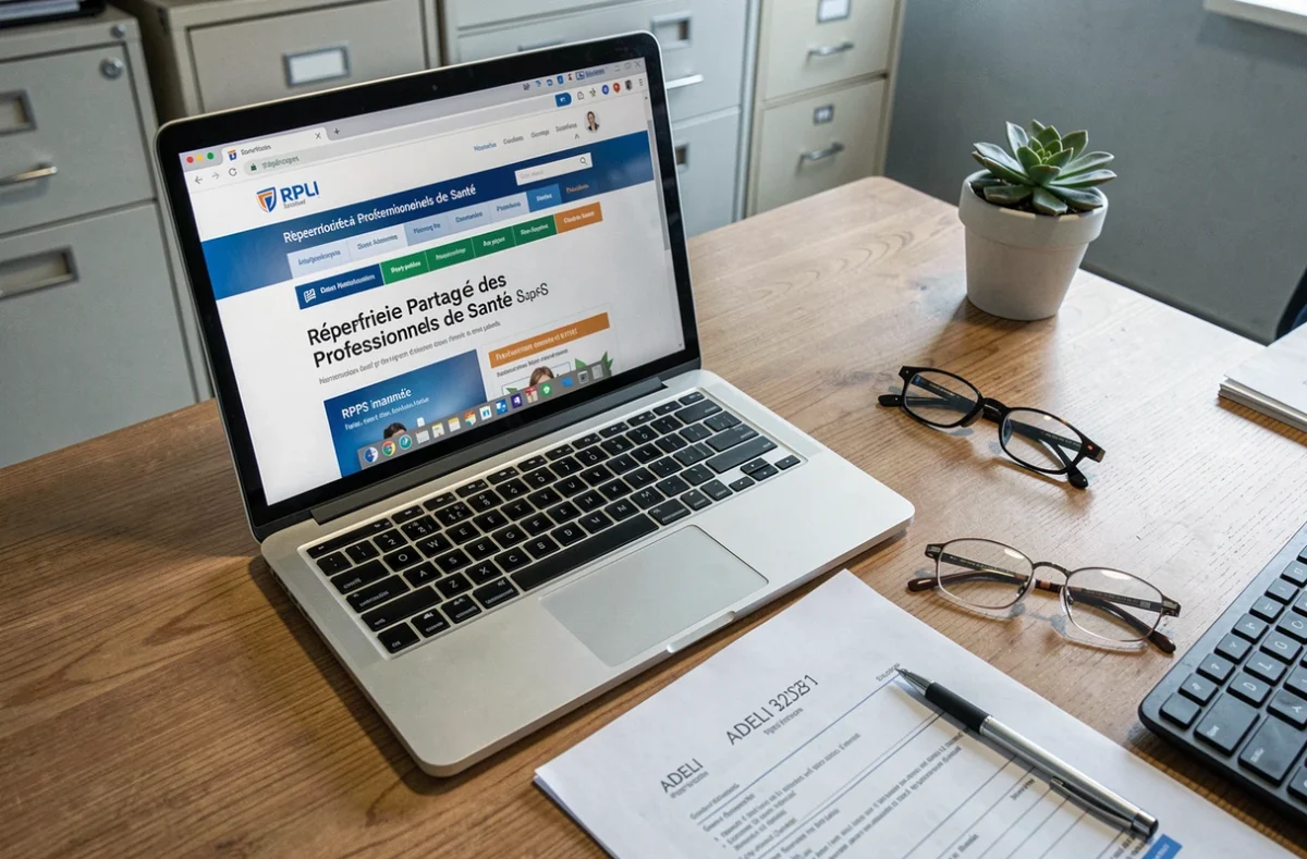 Bureau administratif médical avec un formulaire affichant un numéro ADELI et un site officiel RPPS ouvert sur un ordinateur portable