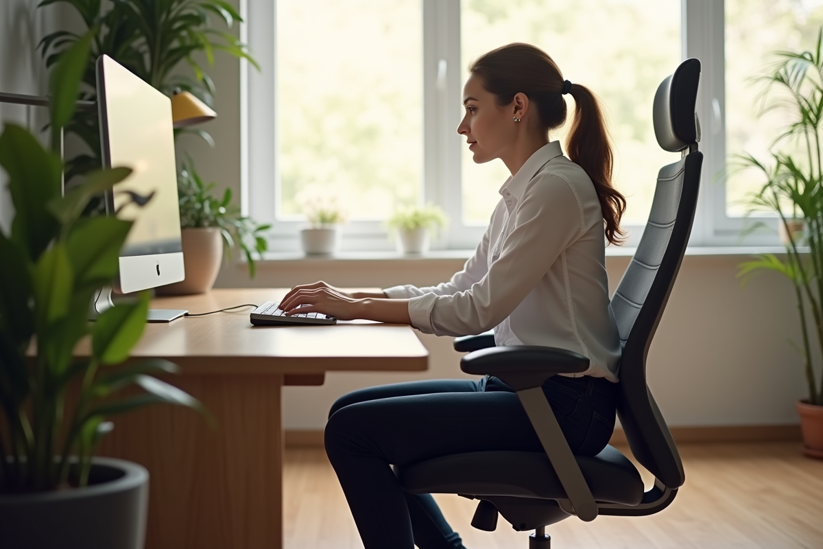Personne en posture correcte dans un bureau ergonomique