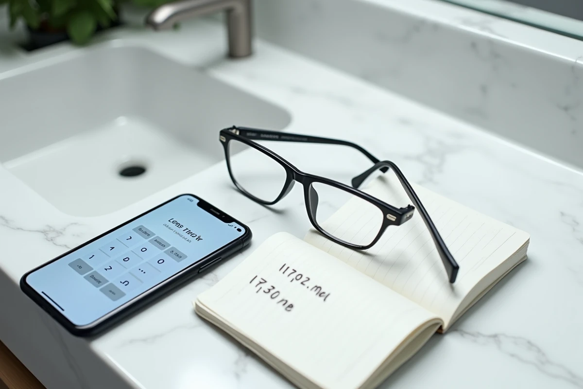 Vue à plat de lunettes correctrices posées sur du marbre blanc avec un smartphone affichant une calculette d'épaisseur de verres et une ordonnance manuscrite