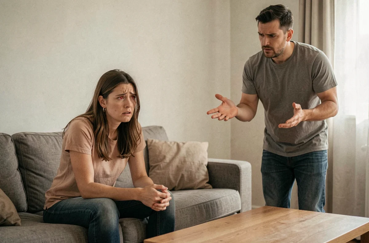 Un homme faisant un geste de minimisation devant une femme visiblement en détresse émotionnelle