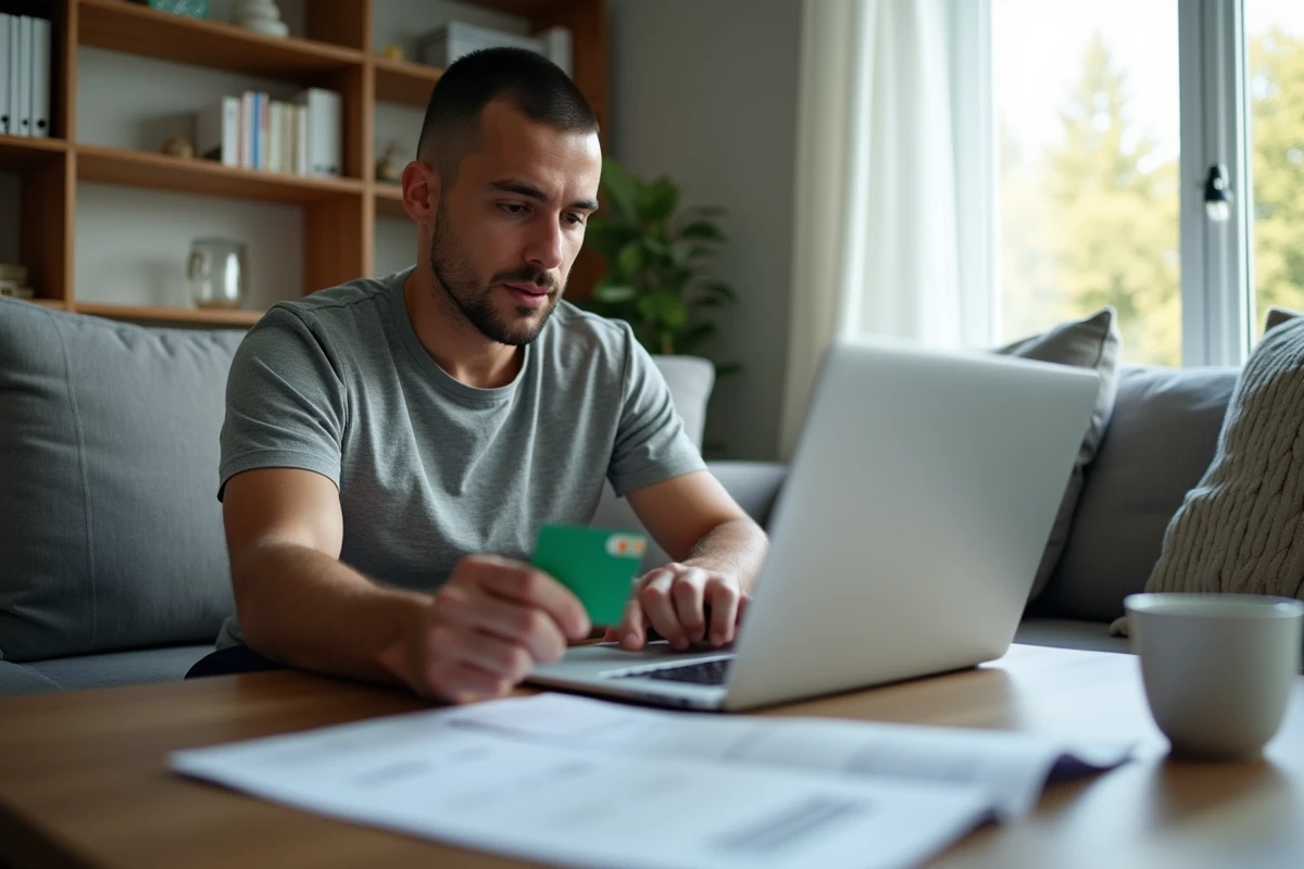 Homme consultant sa carte Vitale et un formulaire Ameli sur ordinateur dans un appartement moderne