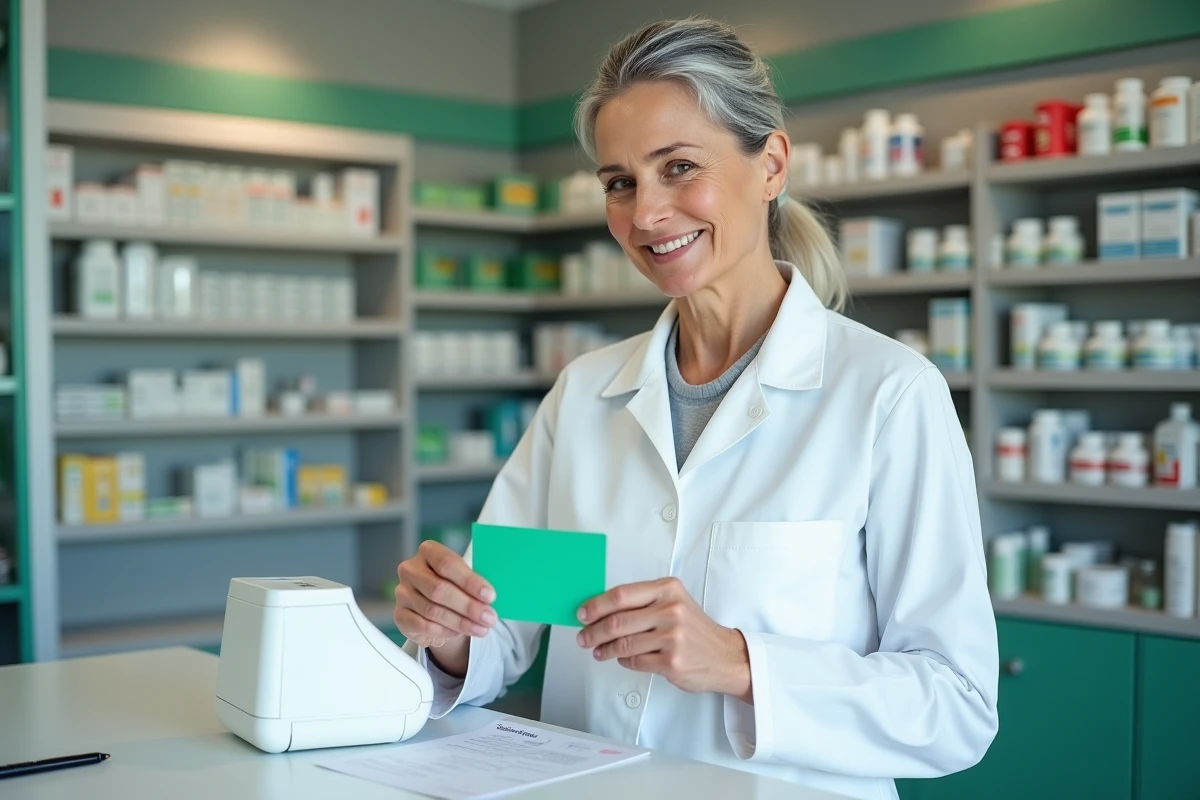 Pharmacienne utilisant une carte Vitale dans un lecteur Sesam-Vitale en officine française