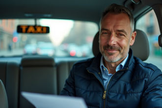 Taxi urbain avec chauffeur homme détendu et papier