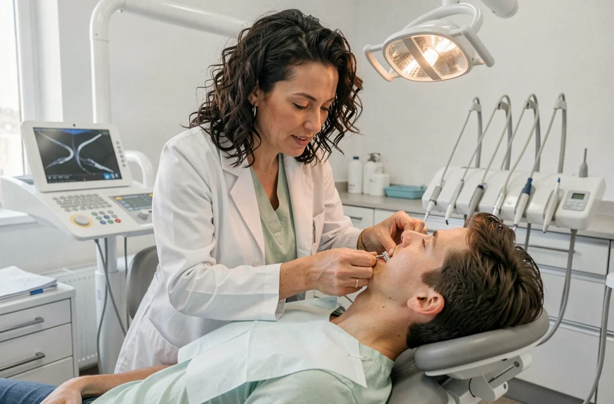 Orthodontiste femme ajustant un appareil dentaire sur une patiente dans son cabinet à Lorient