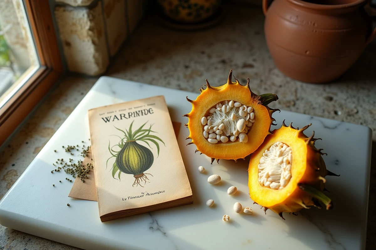 Coloquinte coupée en deux sur une planche en marbre révélant la chair fibreuse et les graines toxiques avec un livre botanique