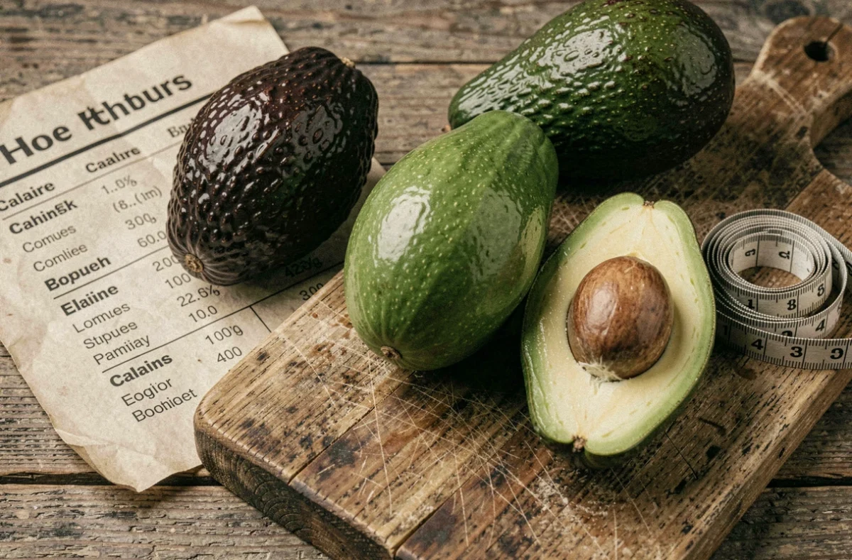 Trois avocats à différents stades de maturité disposés sur une planche en bois avec un tableau comparatif des calories imprimé