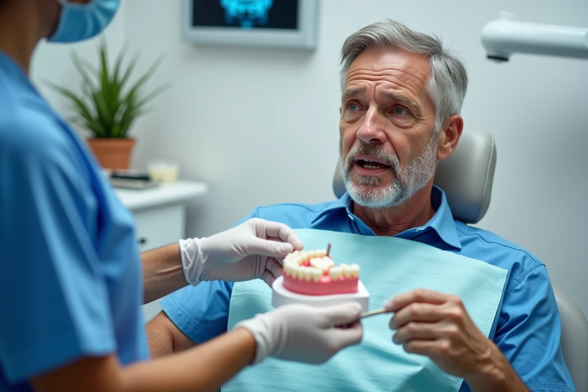 Consultation dentaire pour bruxisme avec modèle de dents usées et dentiste expliquant le diagnostic