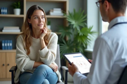 Femme en consultation m&eacute;dicale avec un docteur dans un cabinet moderne