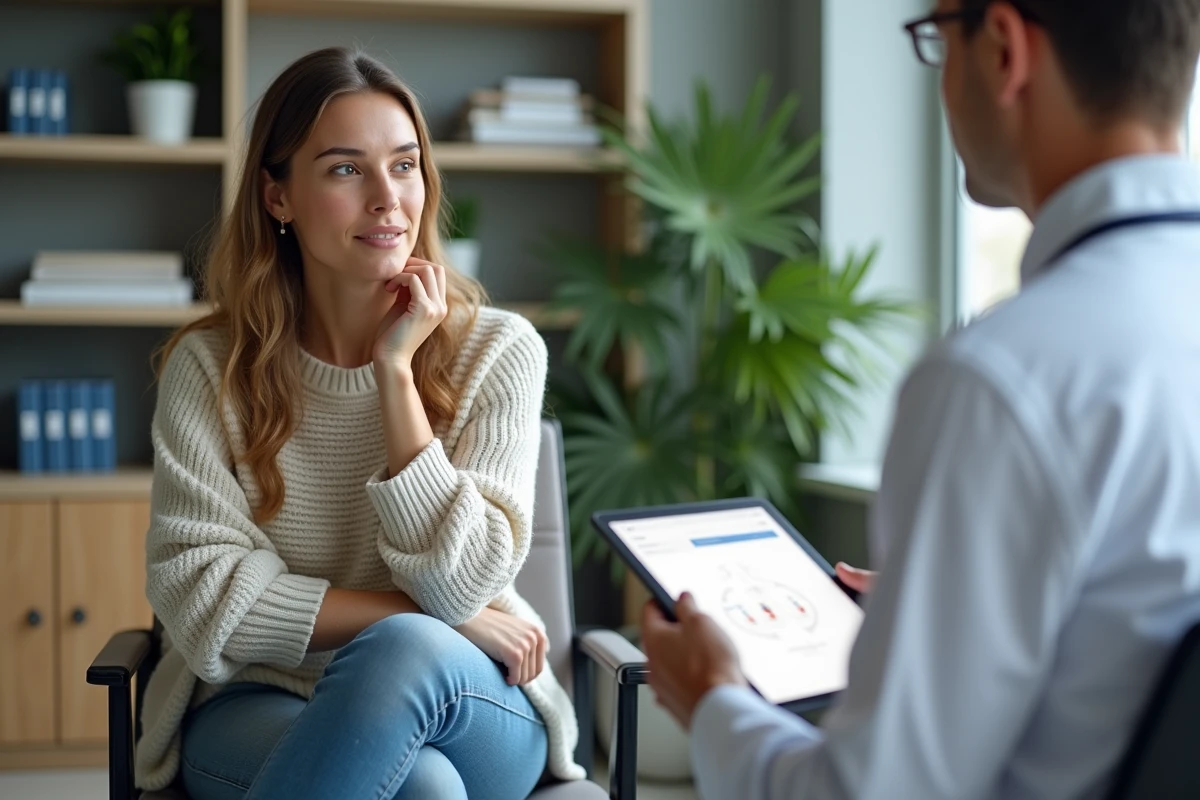 Femme en consultation médicale avec un docteur dans un cabinet moderne