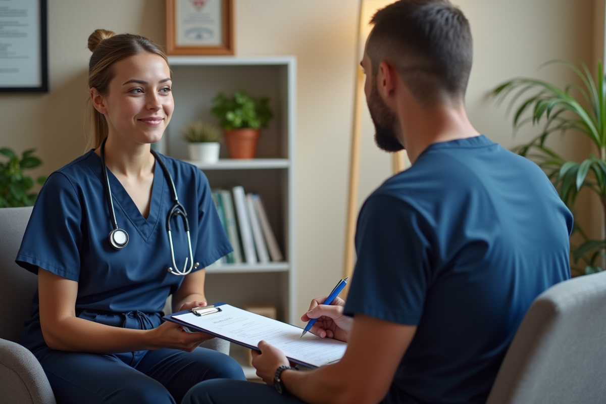 Femme physiotherapeute écoutant un patient en consultation