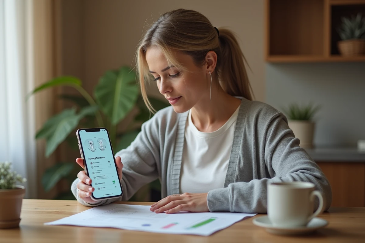 Femme consultant ses résultats d'analyses biologiques sur smartphone via un espace patient en ligne depuis son bureau à domicile