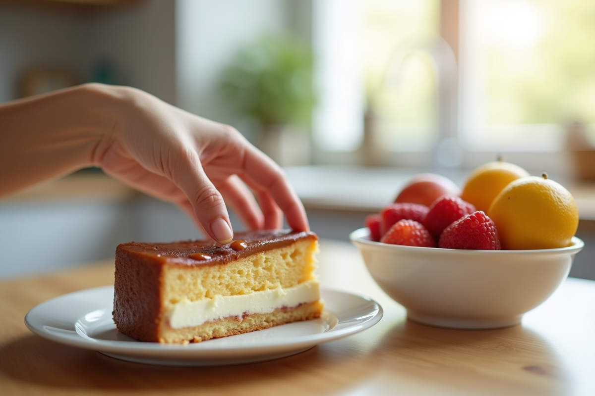 Main repoussant une part de gâteau avec un bol de fruits frais à côté