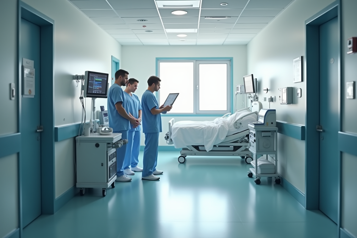 Couloir de soins intensifs avec personnel médical et équipements modernes