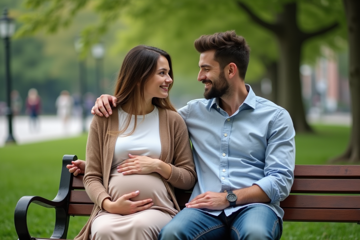 Jeune couple assis sur un banc dans un parc urbain