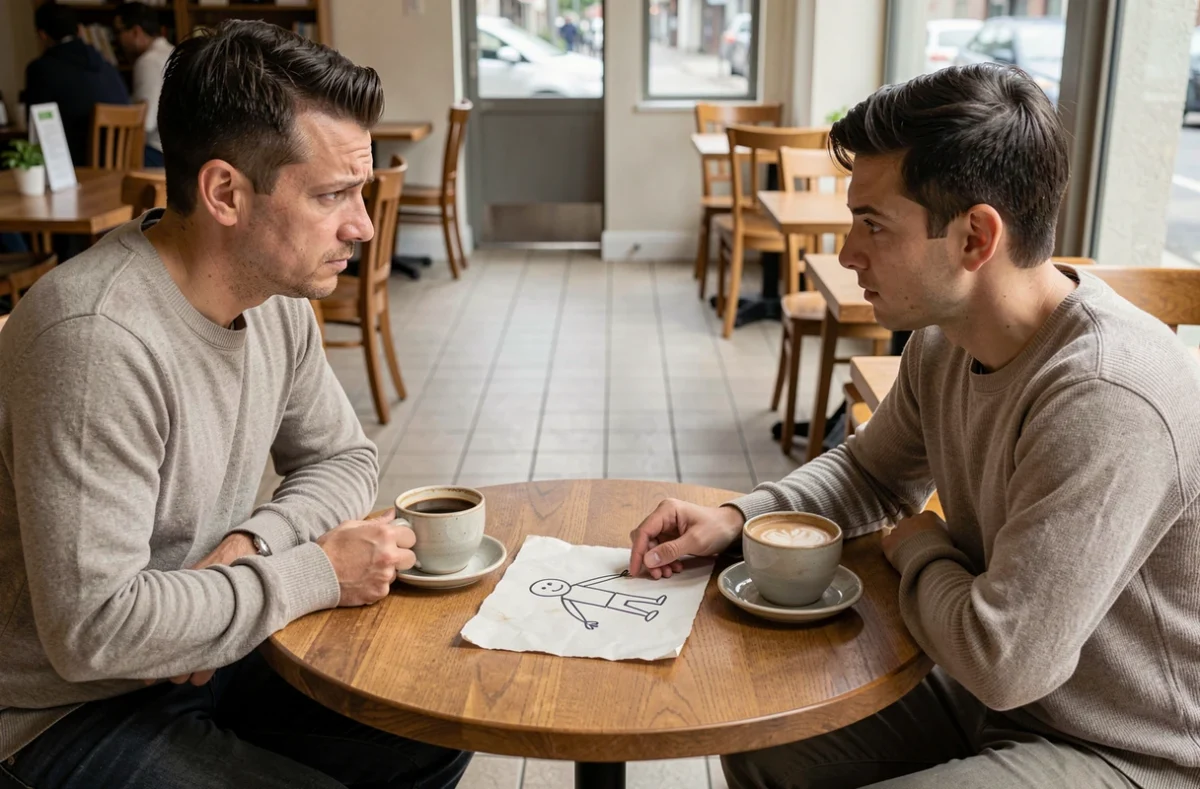 Deux personnes face à face autour d'un dessin de bonhomme allumette dans un café, évoquant une rupture de dépendance affective