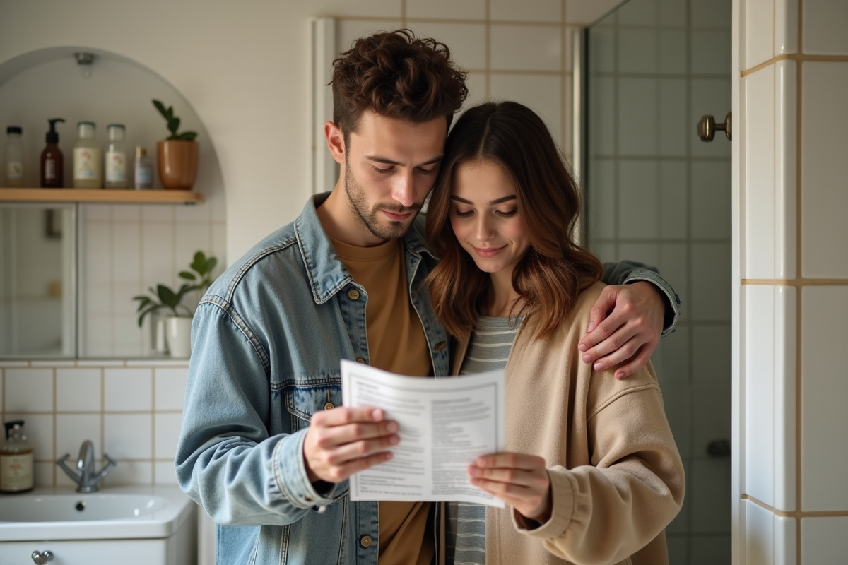 Jeune couple lisant une notice dans la salle de bain
