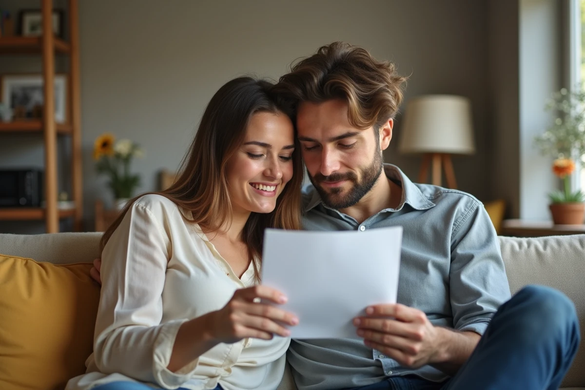 Couple à la maison lisant un pamphlet médical avec attention