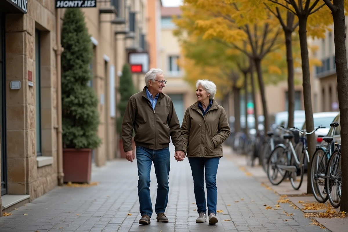 Couple senior marche main dans la main devant centre de sante