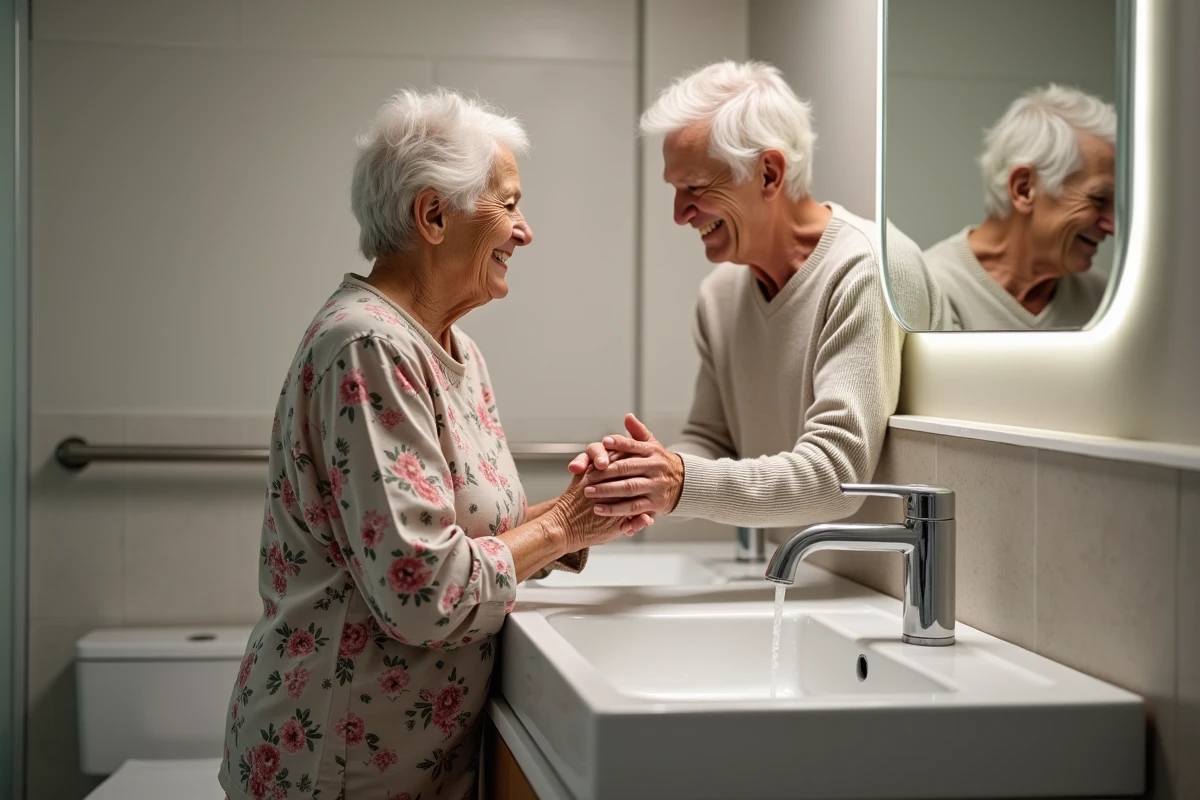 Couple âgé se lavant les mains dans un lavabo accessible