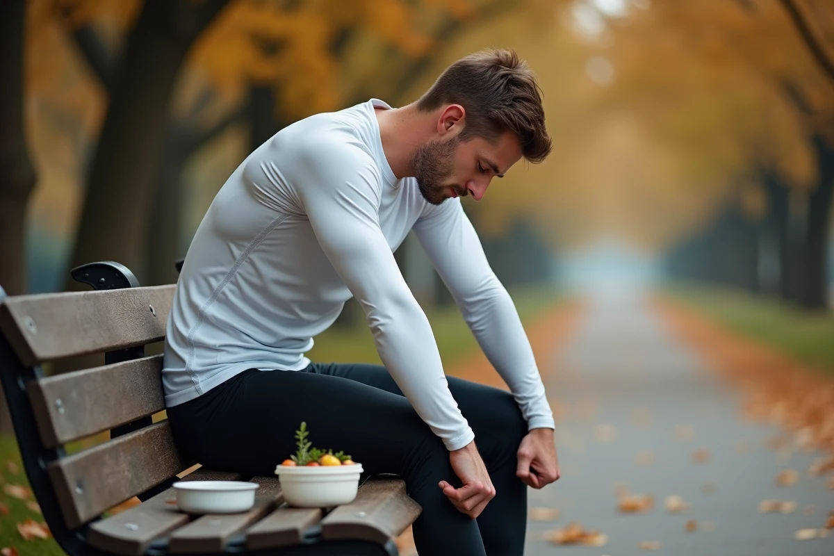Coureur masculin s'étirant dans un parc avec repas équilibré pour favoriser la baisse des transaminases