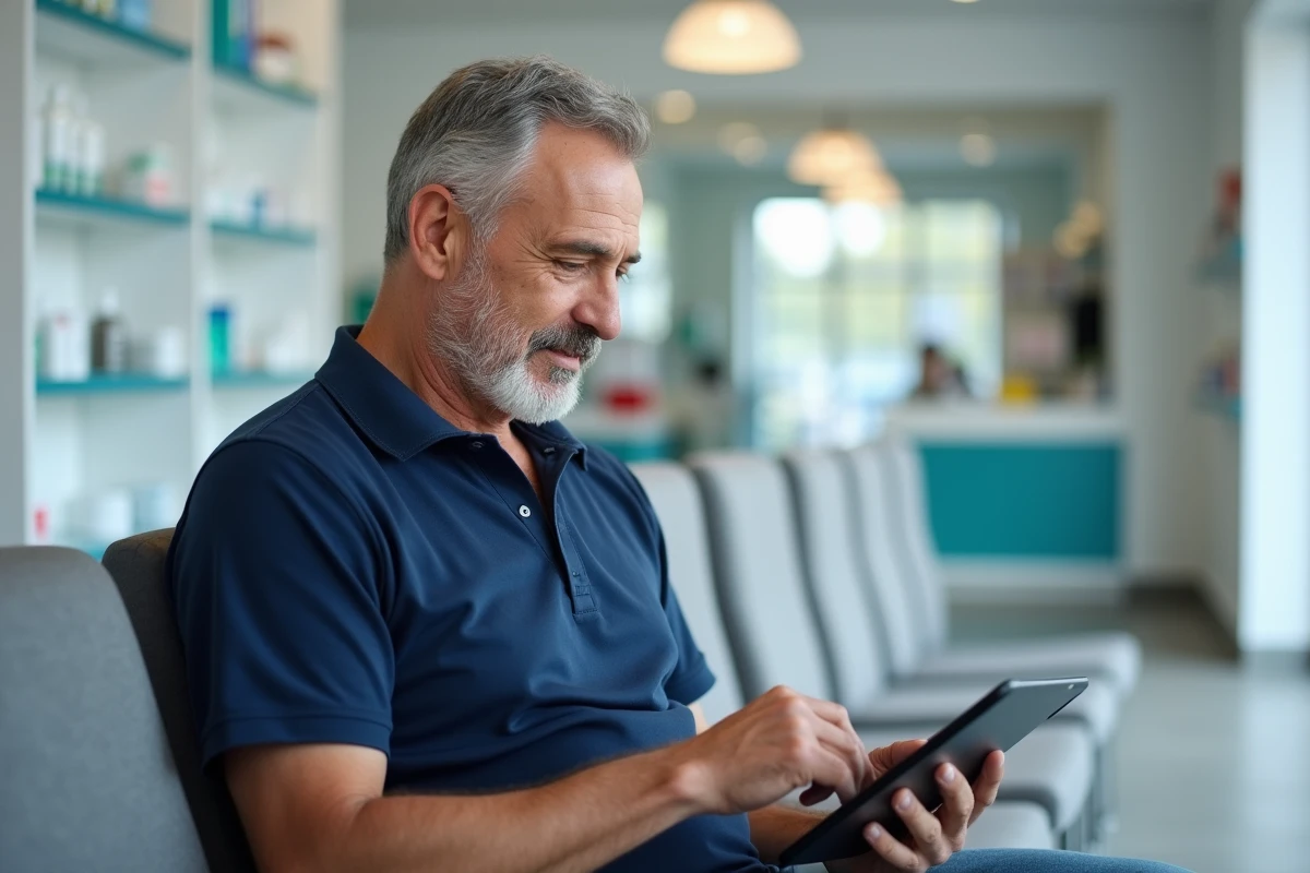 Homme d'âge mûr en train de créer son espace Laboconnect sur une tablette dans la salle d'attente d'une pharmacie