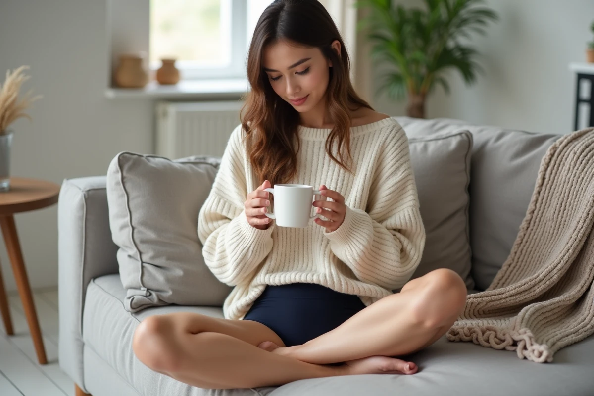 Jeune femme détendue portant une culotte menstruelle marine taille haute sur un canapé en lin gris dans un intérieur scandinave