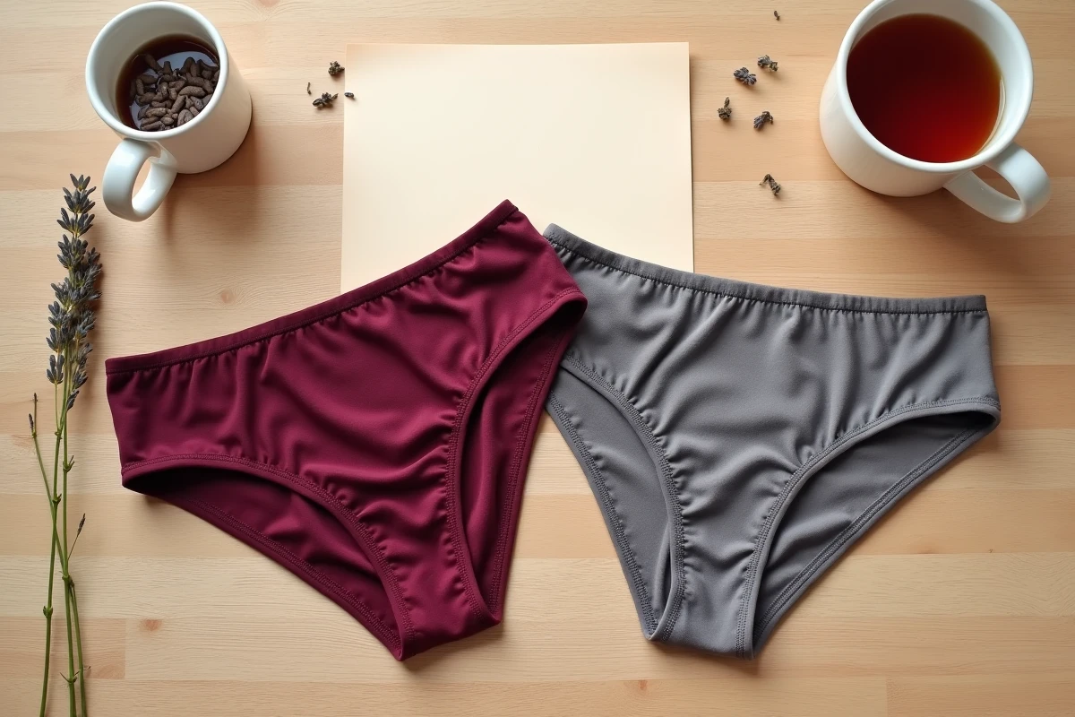 Flat-lay de deux culottes menstruelles Mademoiselle Culotte en bordeaux et gris anthracite sur une table en bois avec note manuscrite et tasse de thé