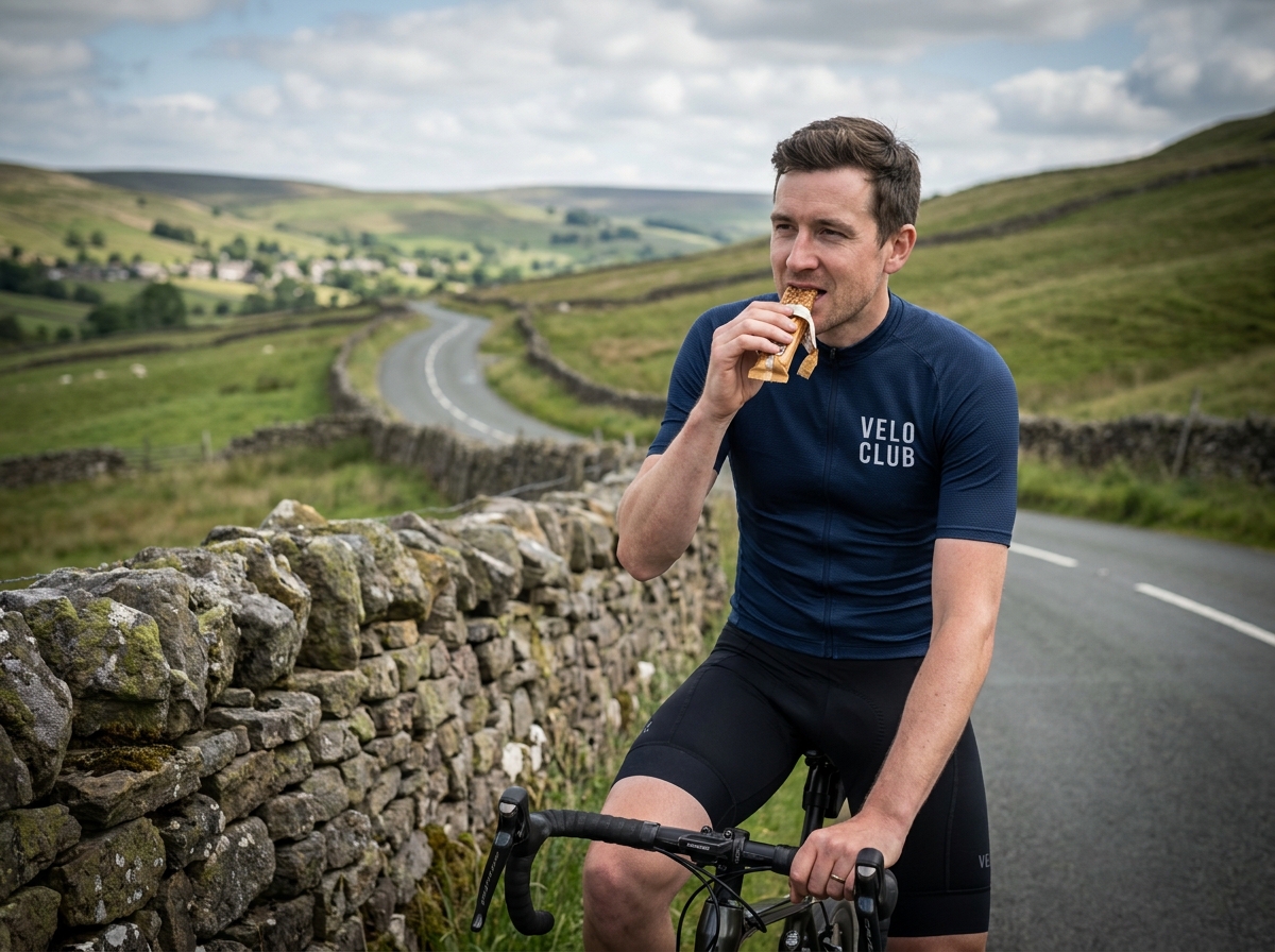 Cycliste faisant une pause pour manger une barre au miel lors d'une sortie à vélo à la campagne