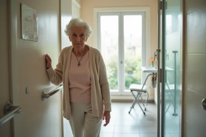 Femme &acirc;g&eacute;e utilisant une barre d'appui dans la salle de bain