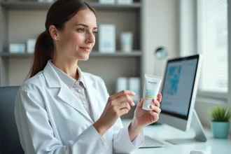 Dermatologue tenant une crème cicatrisante Ialuset dans un cabinet médical moderne