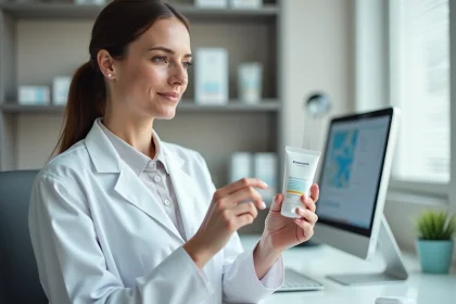 Dermatologue tenant une crème cicatrisante Ialuset dans un cabinet médical moderne